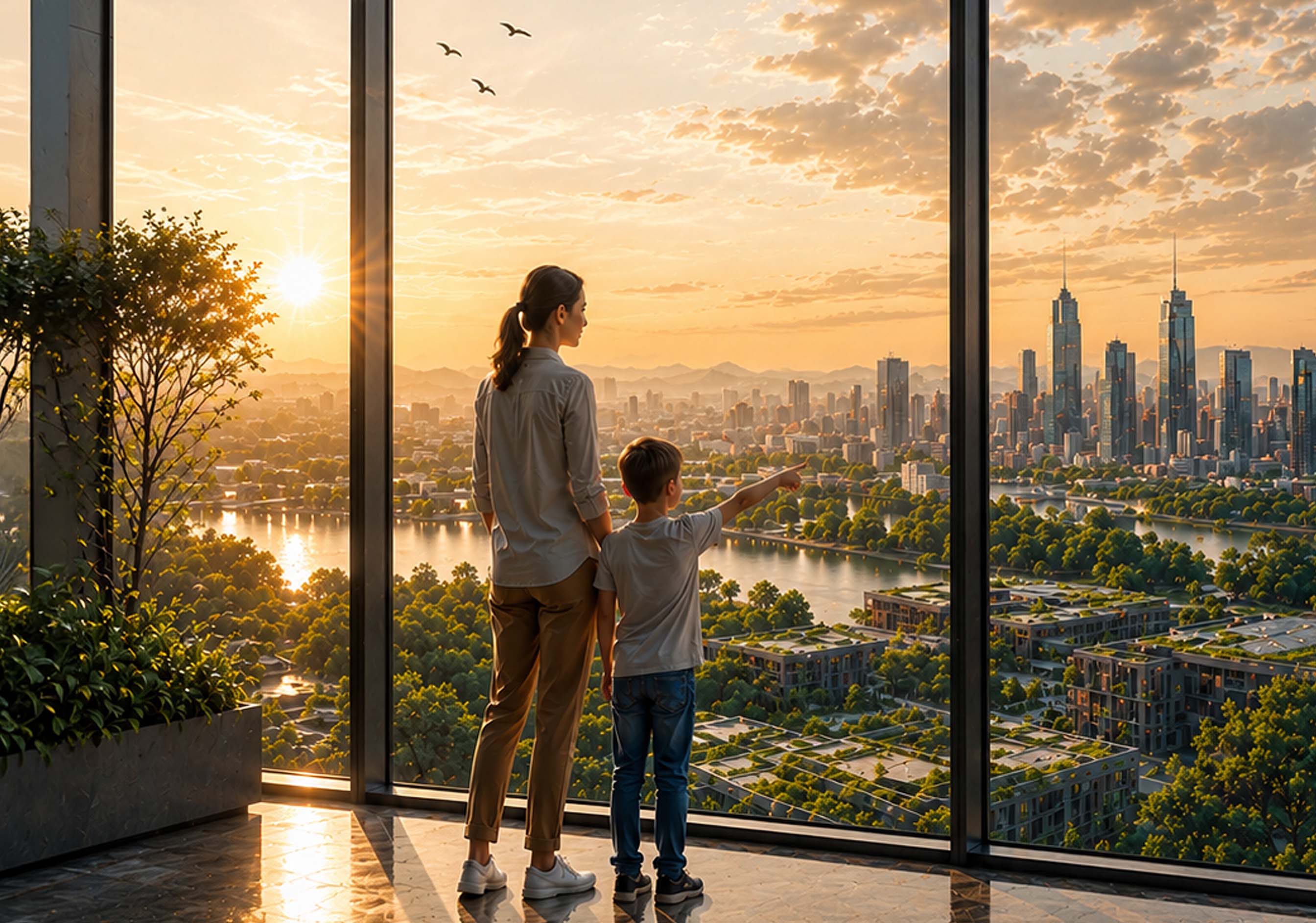 Vue sur une ville végétalisée au coucher du soleil